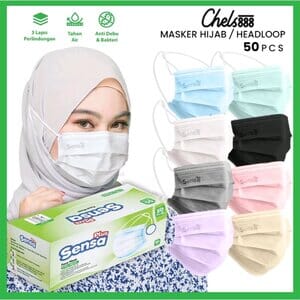 Masker Hijab Headloop 3 Ply 50 pcs, Masker Hijab Sensa Plus, Original